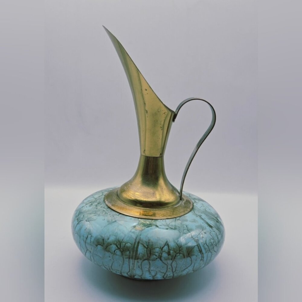 Mid Century Brass & Ceramic Ewer Pitcher Blue Drip Glaze Vase